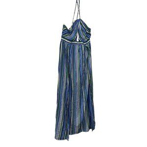 A Calin Flying Tomato Maxi Dress Jumpsuit Womens L Split Side Halter Stripe Blue